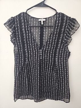 Joie Black Floral-Stripe V-Neck Ruffle Sleeve Blouse